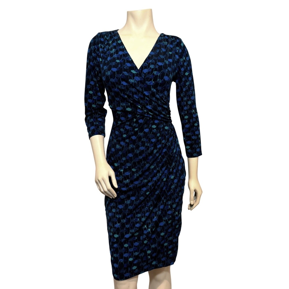 Lauren Ralph Lauren Sheath Dress Womens 10 Blue Excellent Ruched 3/4 Sleeve